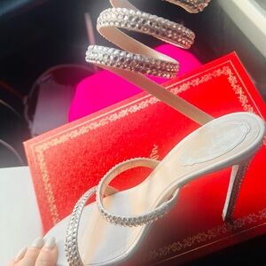 Rene Caovilla satin Cleo sandal w Crystal Snake Nude 8B / 38 EU